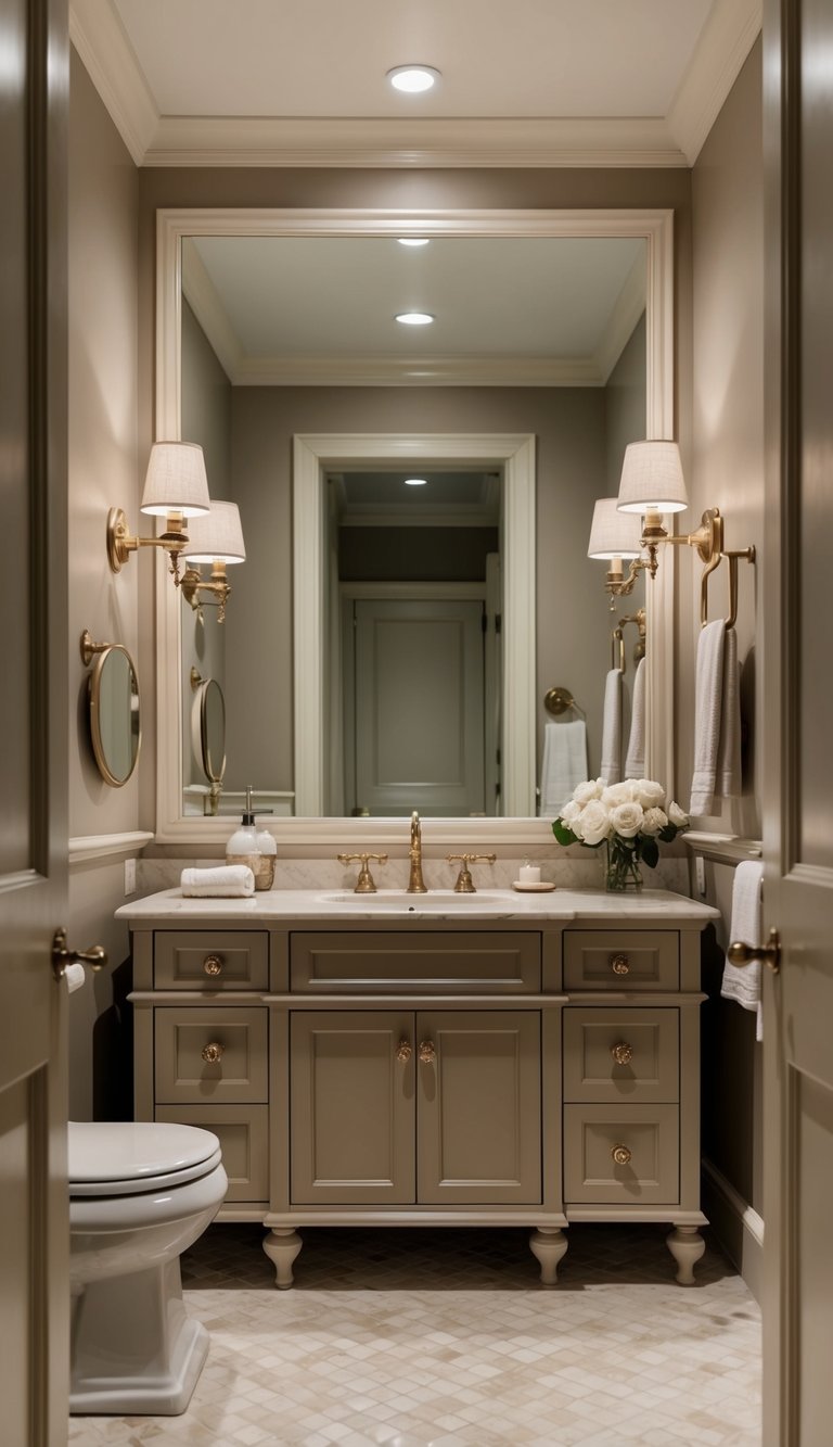 A chic and timeless bathroom with warm greige and ivory color palette, featuring elegant fixtures and luxurious finishes