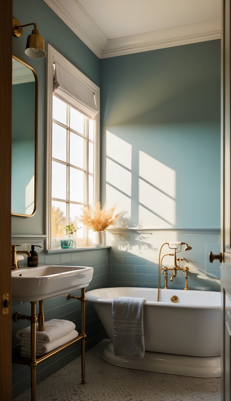 A bathroom with soft natural light casting warm hues on a chic color palette of muted blues, greys, and whites, creating a timeless and elegant atmosphere
