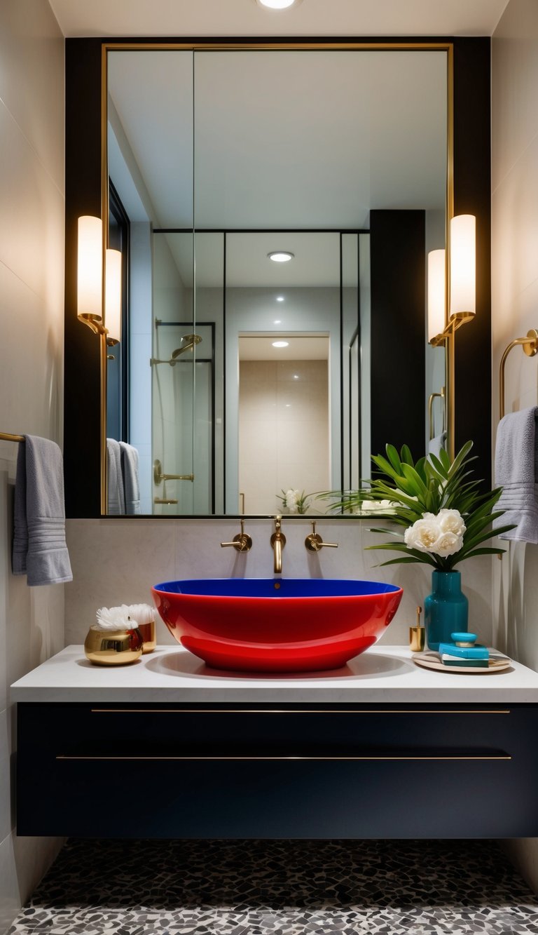 A modern bathroom with a vibrant sink as the focal point, surrounded by stylish decor and accessories that elevate the space