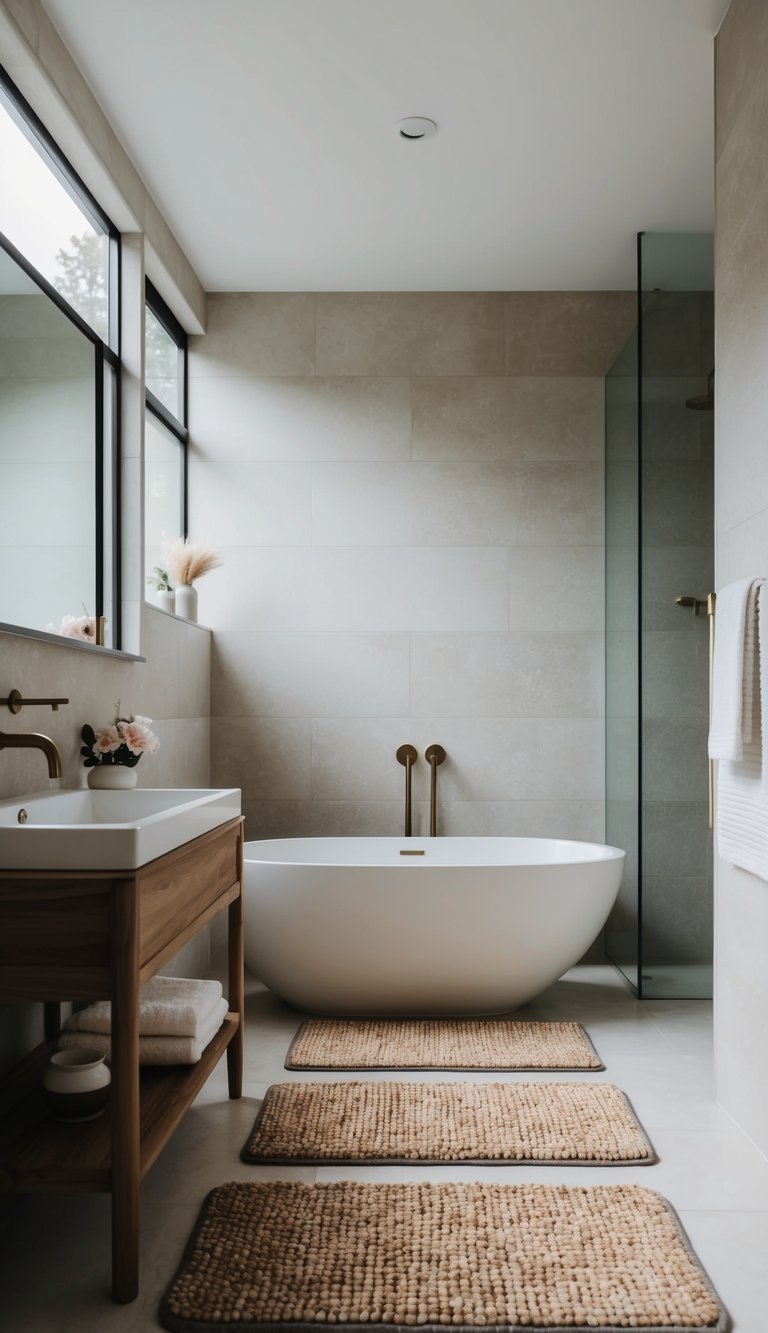 A serene bathroom with stone bath mats, natural light, and minimalist decor