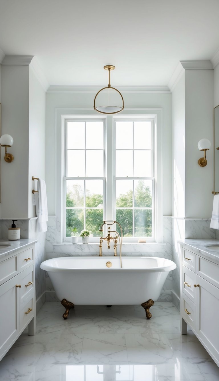 A serene bathroom with white decor, including a clawfoot tub, marble countertops, and minimalist accessories. A large window lets in natural light, creating a bright and airy atmosphere