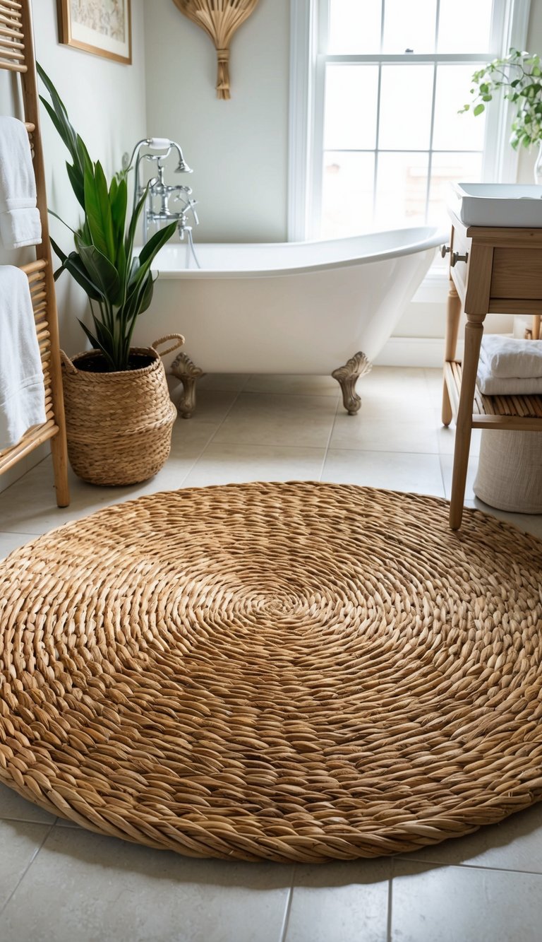 A large rattan rug sits in the center of a stylishly decorated bathroom, adding warmth and texture to the space