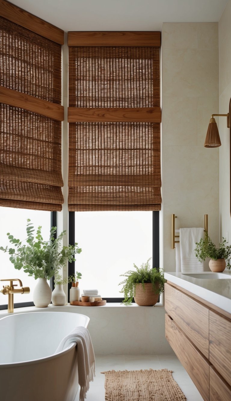 A serene bathroom with woven wood shades, natural textures, and greenery, creating a tranquil and elevated space