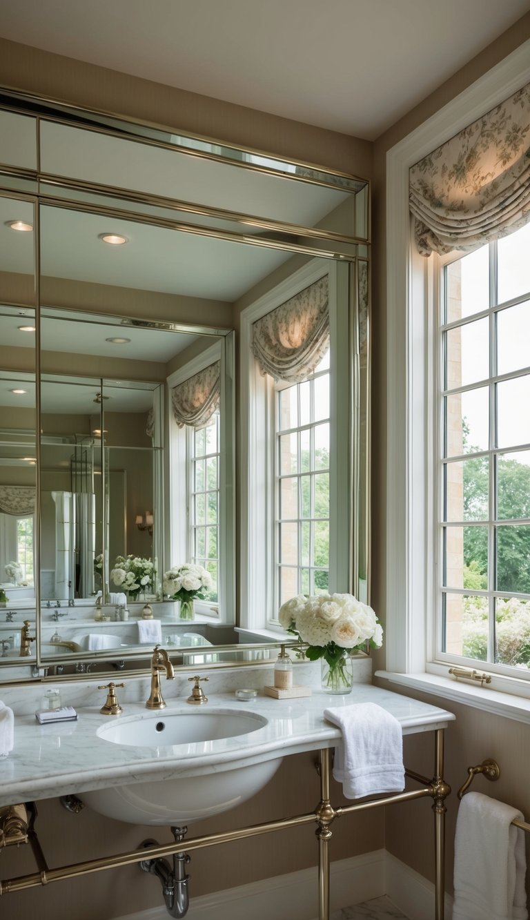 A bathroom with large mirrors reflecting elegant decor and natural light, creating a spacious and luxurious atmosphere