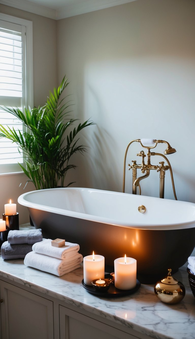 Softly lit bathroom with a freestanding tub, plants, and decorative candles. Elegant towels and bath accessories are neatly arranged on a marble countertop