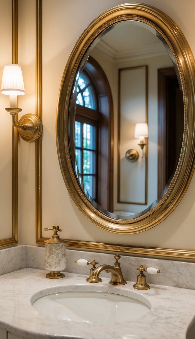 A bathroom with vintage oval mirrors in brass frames, reflecting the elegant decor