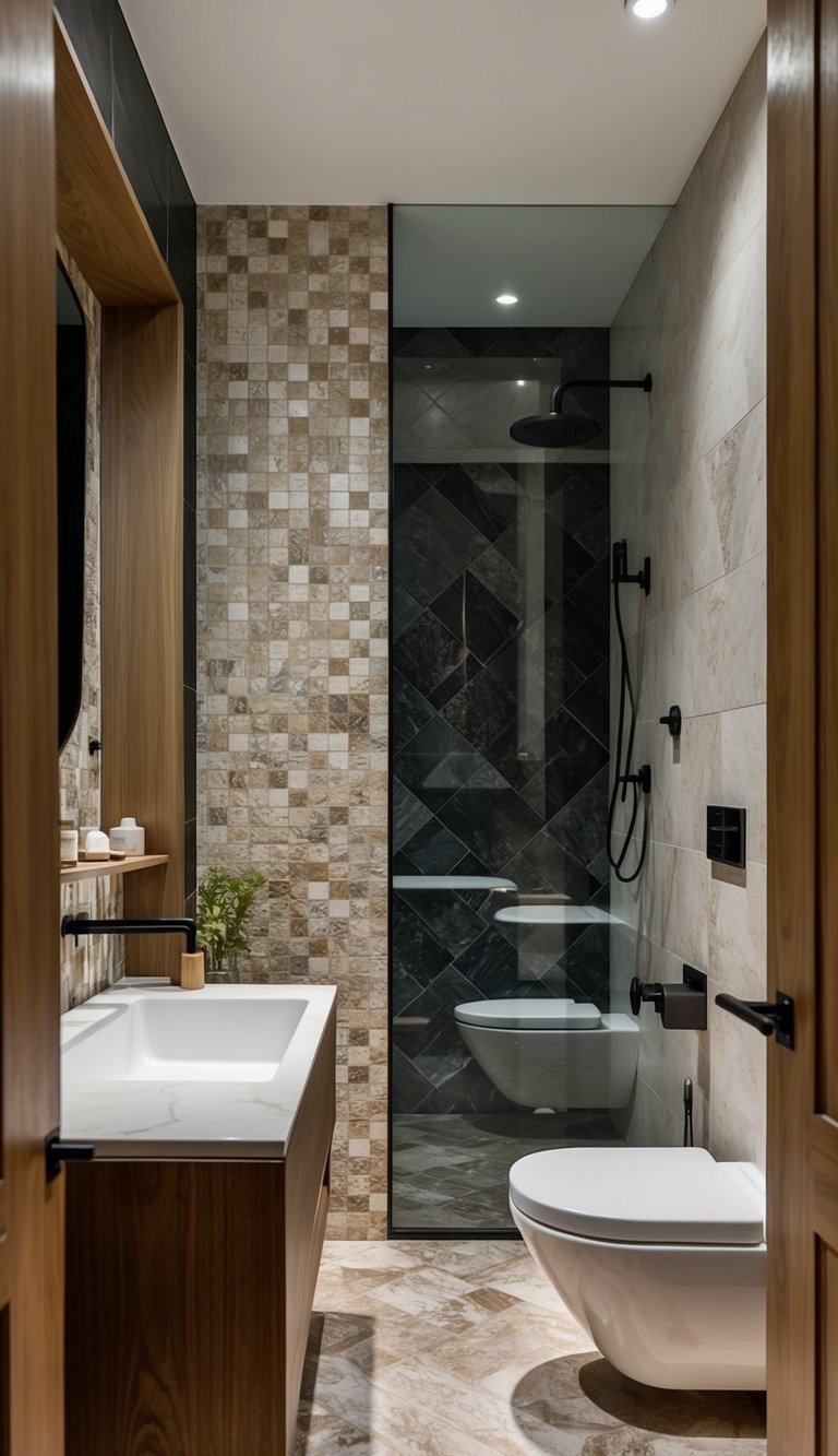 A modern bathroom with a variety of textured tiles, from sleek marble to rustic stone, creating a visually interesting and elevated space