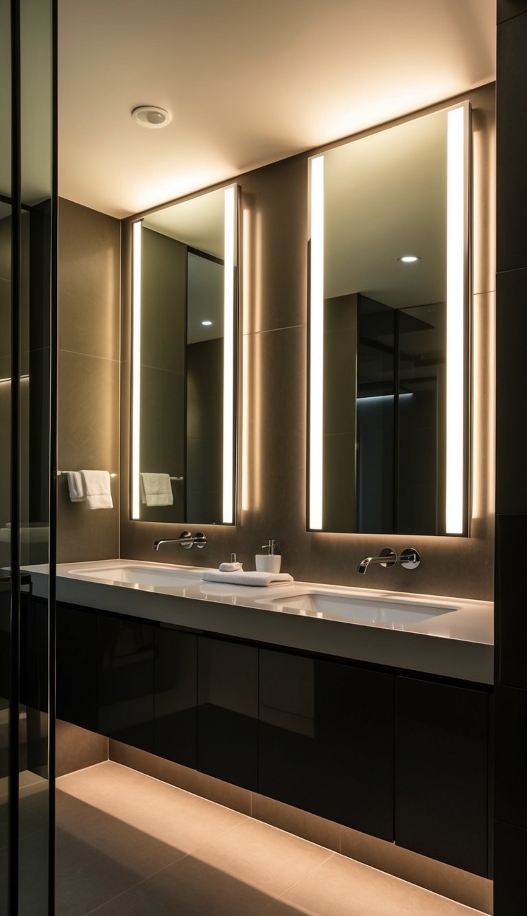 A sleek, modern bathroom with backlit LED mirrors casting a soft, warm glow, creating a stunning and luxurious atmosphere