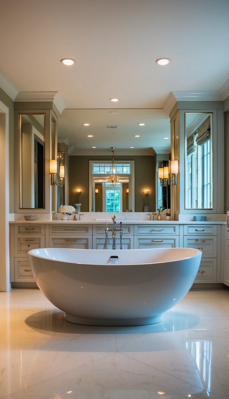 A sleek, modern freestanding bathtub stands in the center of a spacious, well-lit bathroom, surrounded by elegant decor and luxurious accents