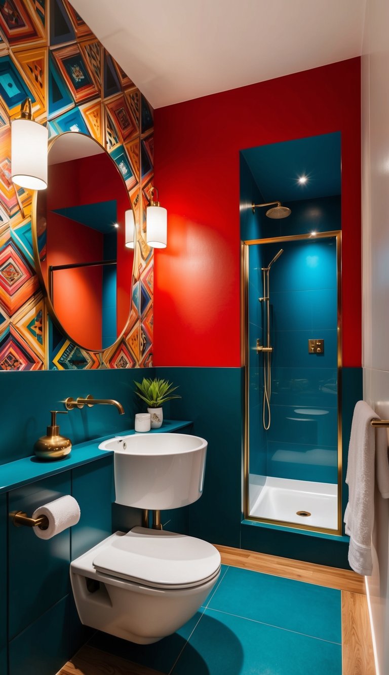Vibrant paint colors adorn a modern bathroom, with bold accents and decorative elements creating a visually striking and elevated space