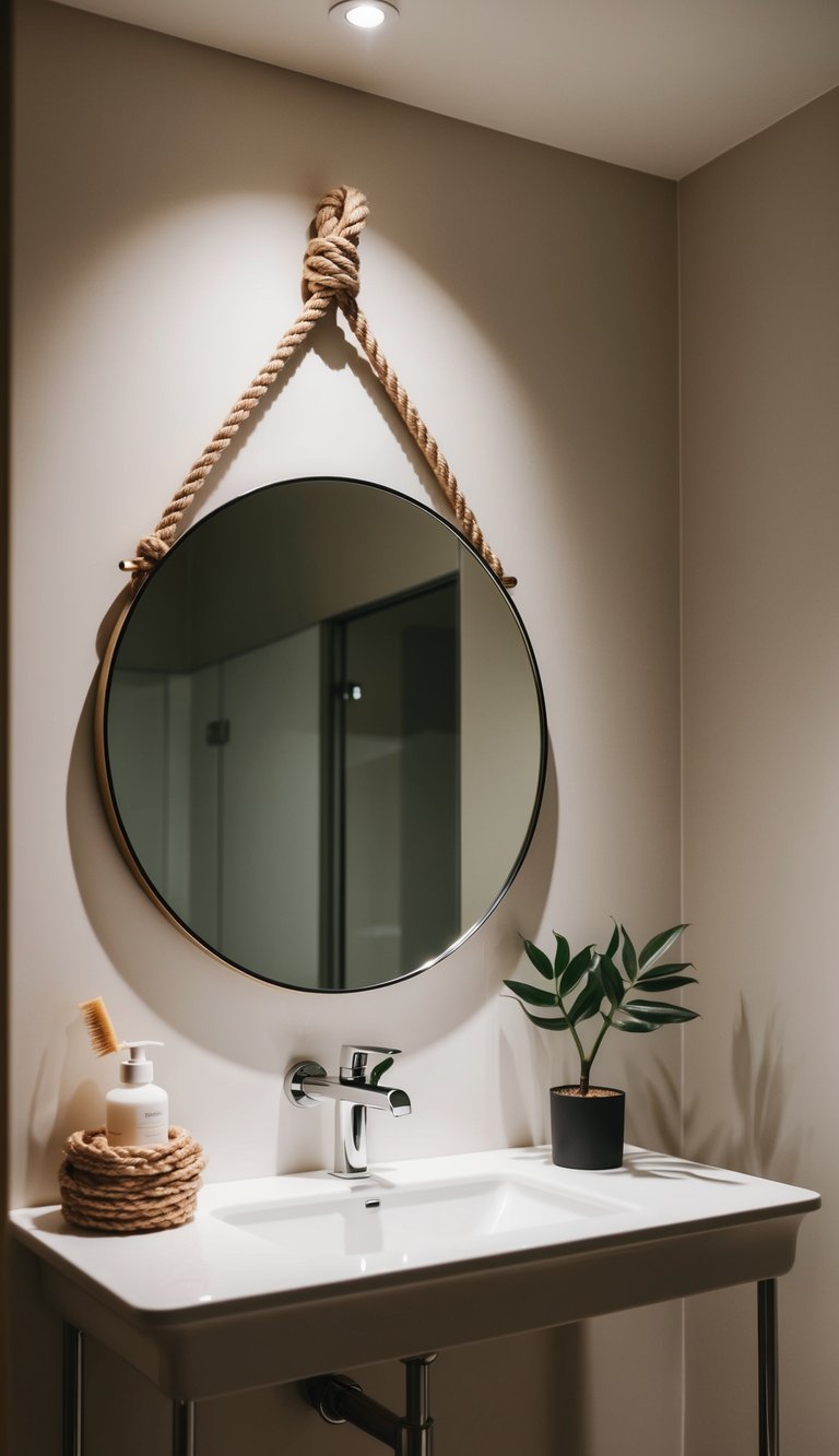 A round mirror with a rope hanging design in a modern bathroom