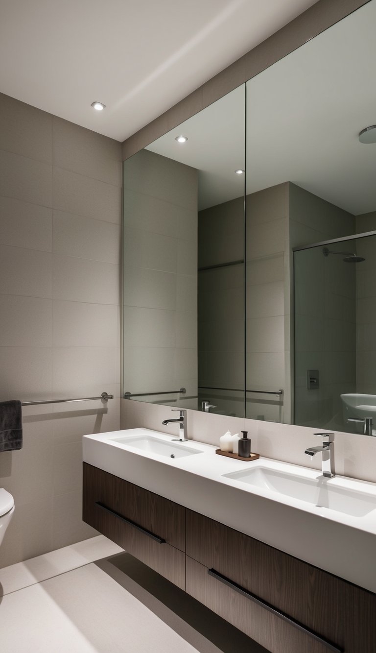 A modern bathroom with frameless mirrors reflecting sleek, minimalist decor and clean lines