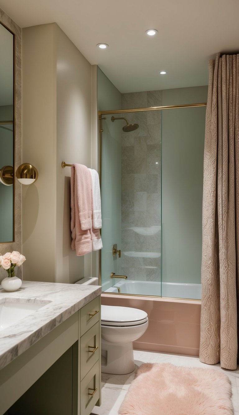 A serene bathroom with a mix of soft, pastel colors and varying textures. A fluffy bath mat, sleek marble countertop, and a plush, patterned shower curtain add visual interest and depth to the space