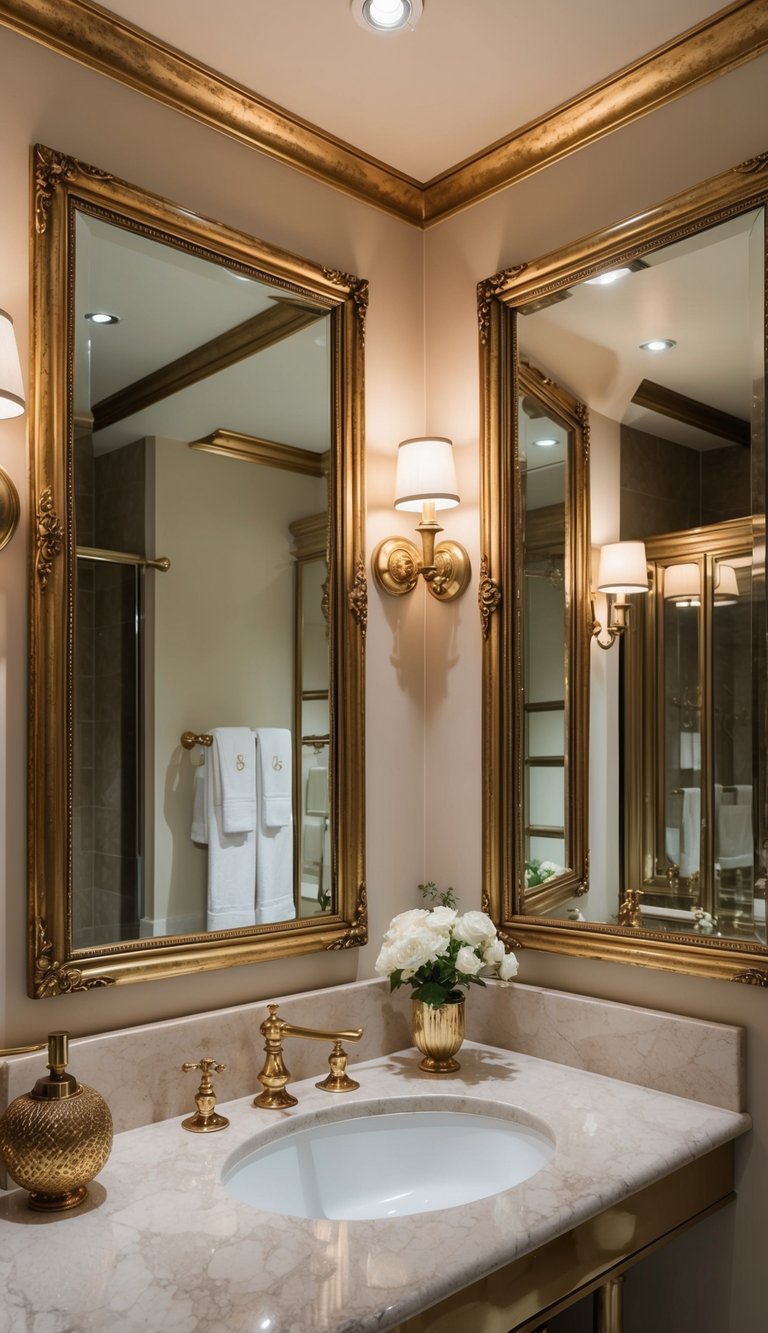 A luxurious bathroom with antique gold finish mirrors reflecting elegant decor and adding a touch of glamour to the space
