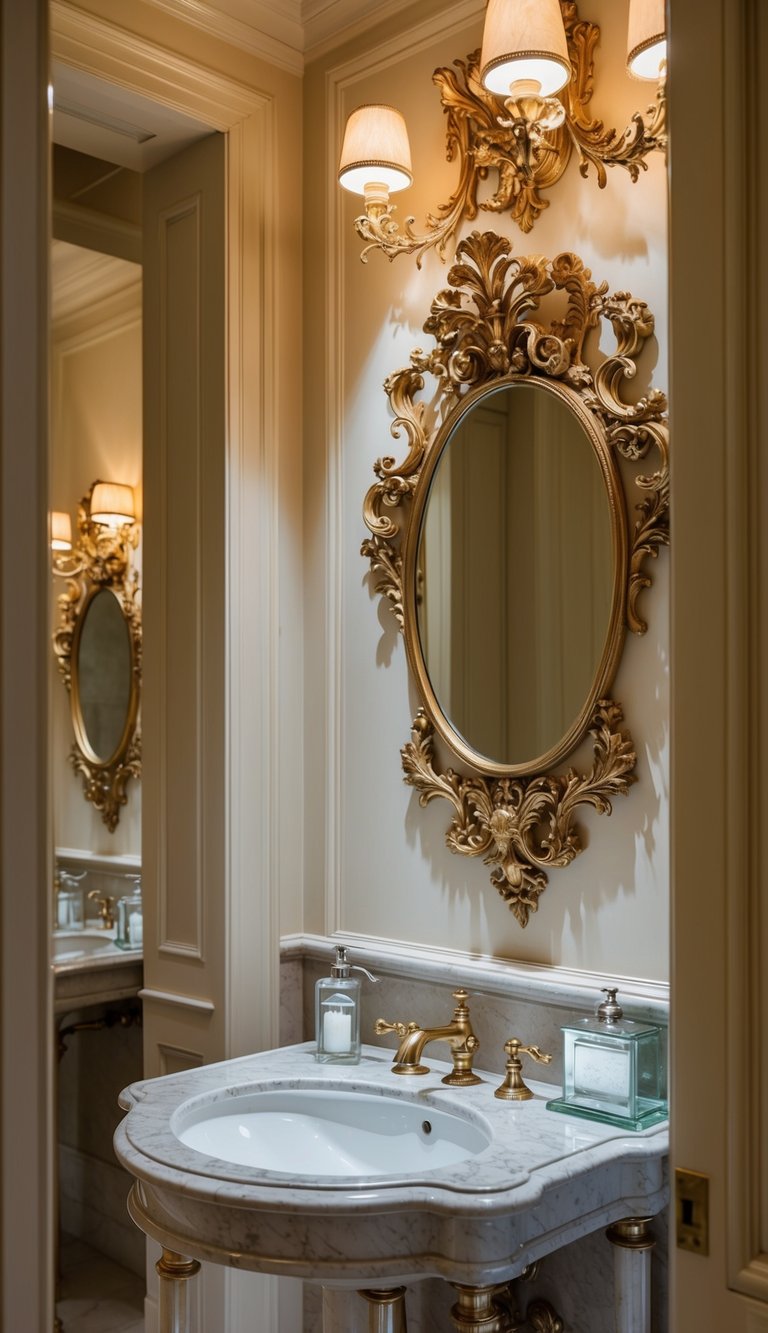 A luxurious bathroom with ornate Baroque mirrors reflecting elegant decor and soft lighting