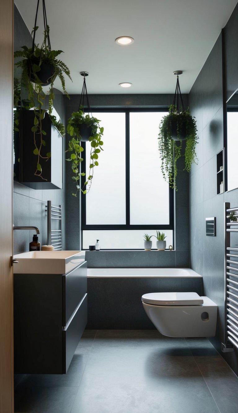 A modern bathroom with sleek storage solutions, hanging plants, and stylish accessories creating a functional and aesthetically pleasing space