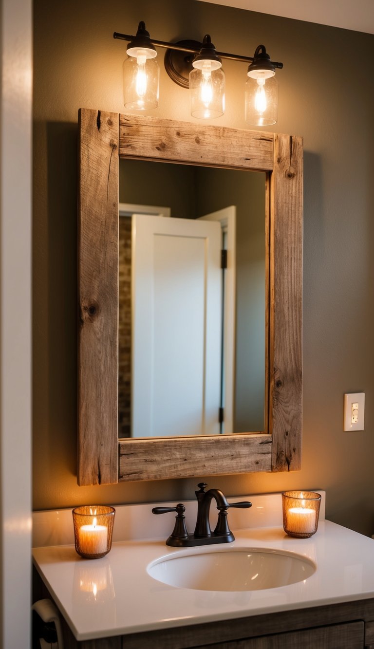 A weathered, reclaimed wood frame mirror hangs above a rustic bathroom vanity, reflecting the warm glow of candlelight and adding charm to the space