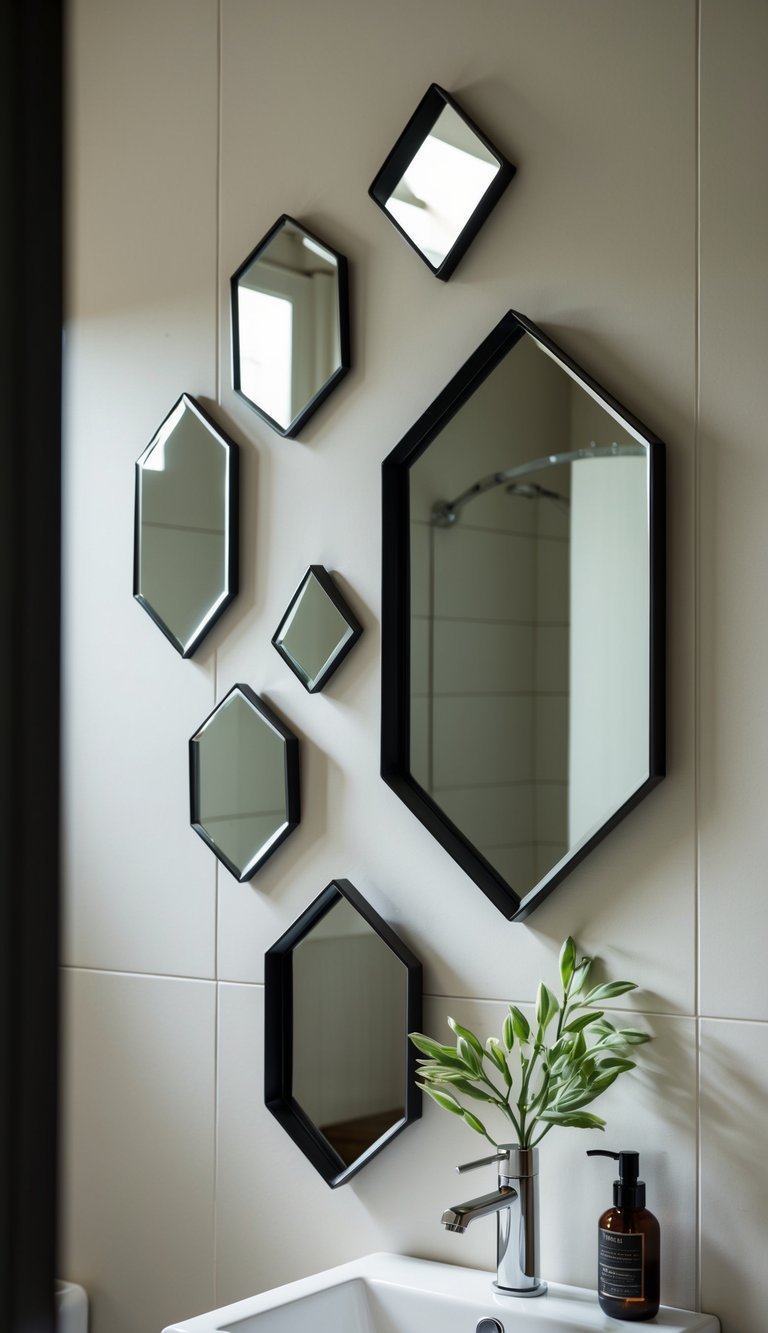 A collection of geometric shaped mirrors arranged on a bathroom wall, reflecting light and adding an artistic flair to the decor