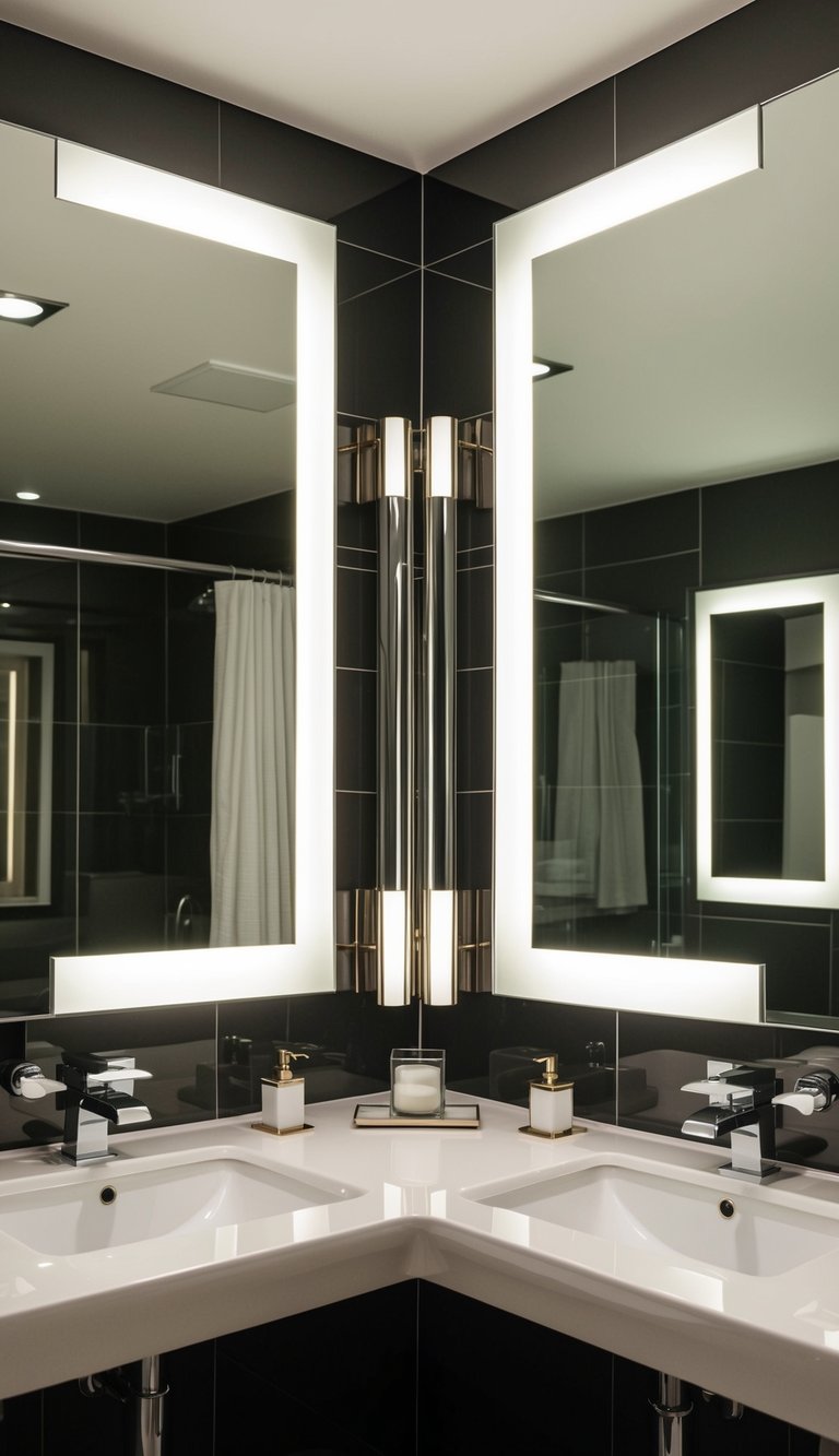 A modern bathroom with double mirrors reflecting the stylish decor, creating a sense of space and luxury