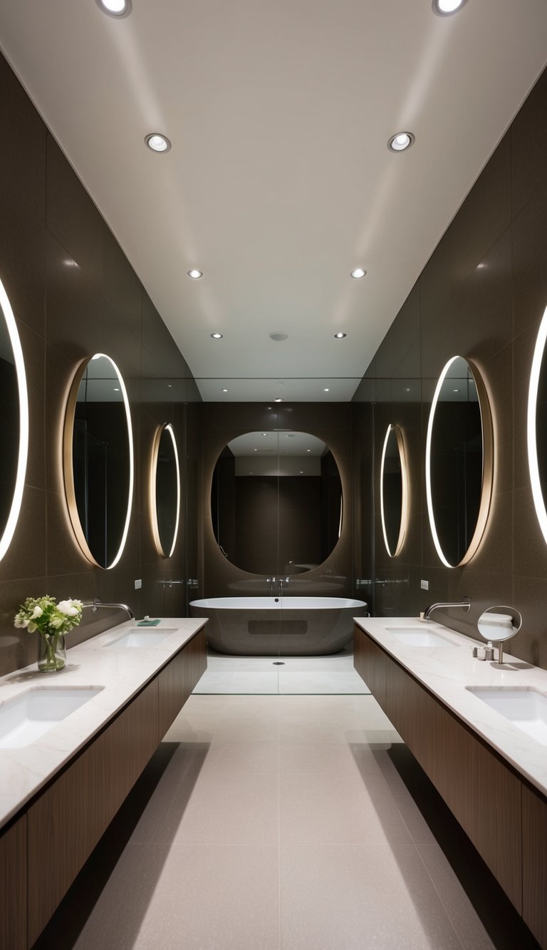 A spacious, elongated bathroom with frameless oval mirrors reflecting natural light and enhancing the modern decor