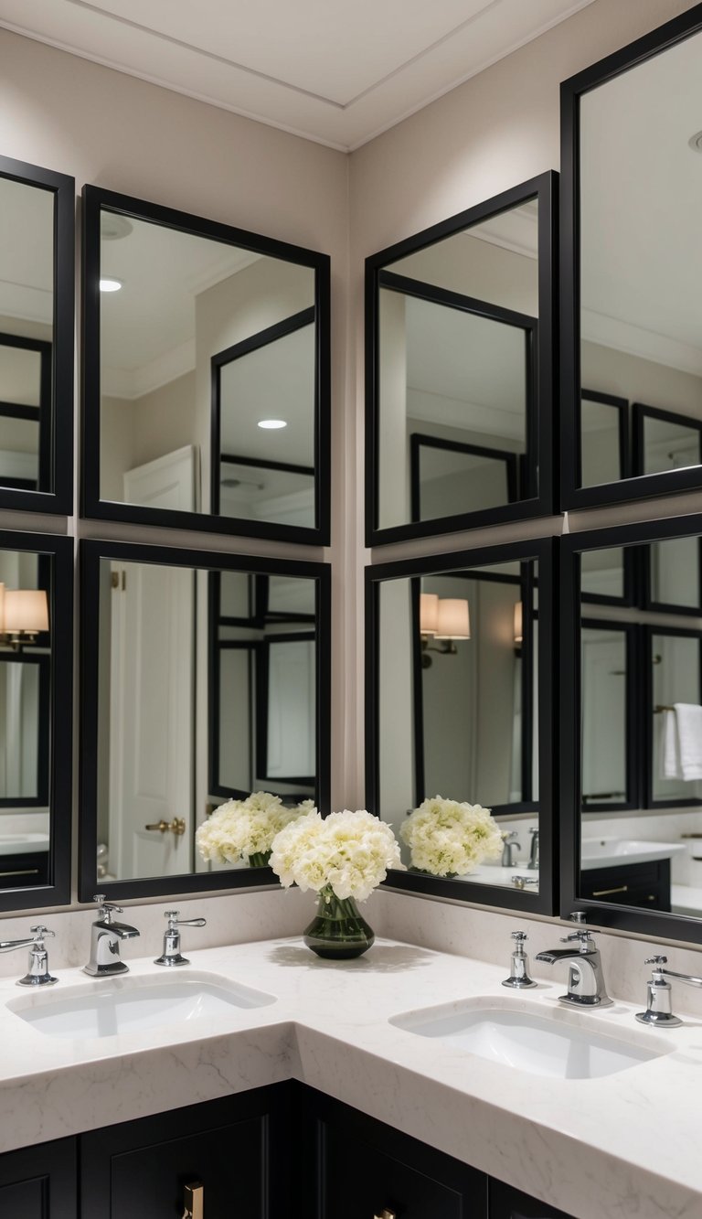 Square mirrors with matte black frames arranged in a stylish bathroom setting, reflecting the elegant decor and creating a stunning visual impact