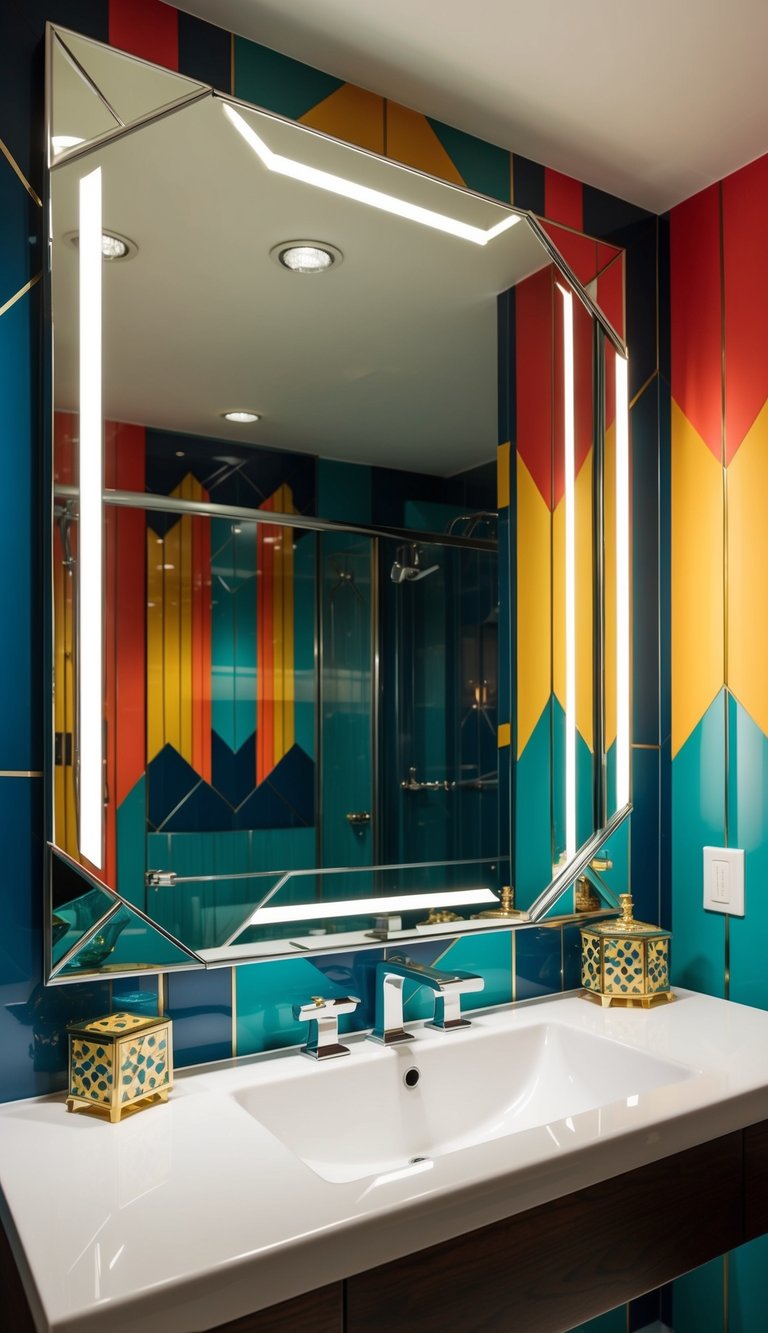 A sleek, geometric Art Deco mirror reflects the vibrant colors and patterns of a lively bathroom, adding a touch of sophistication to the space