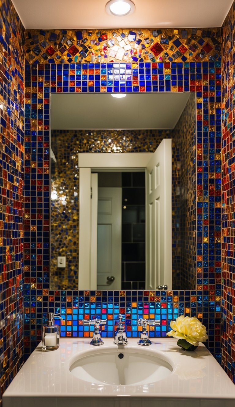 A bathroom mirror surrounded by vibrant mosaic tiles, reflecting colorful details and adding a stunning touch to the decor