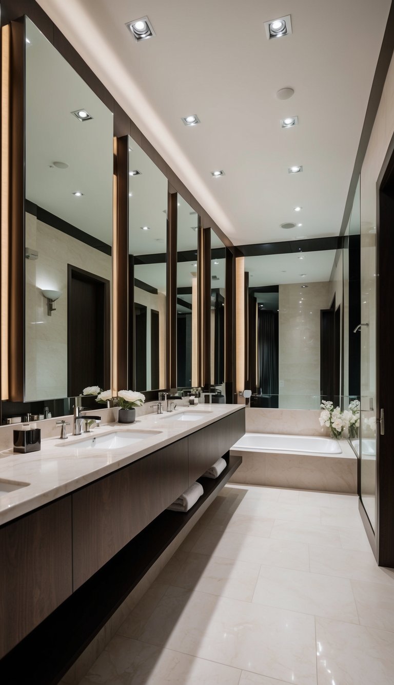 A spacious, modern bathroom with multiple oversized mirrors reflecting elegant and luxurious decor