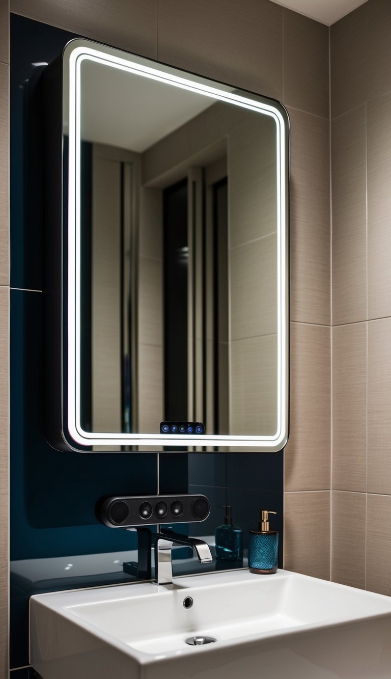 A modern bathroom with a sleek, wall-mounted mirror featuring integrated Bluetooth speakers. The mirror reflects the stylish decor of the room