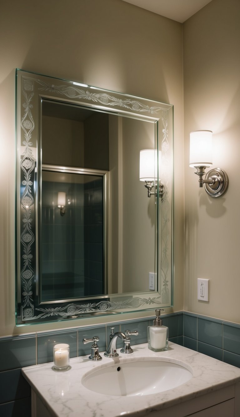 A bathroom with etched glass frame mirrors, adding subtle intricacy to the decor