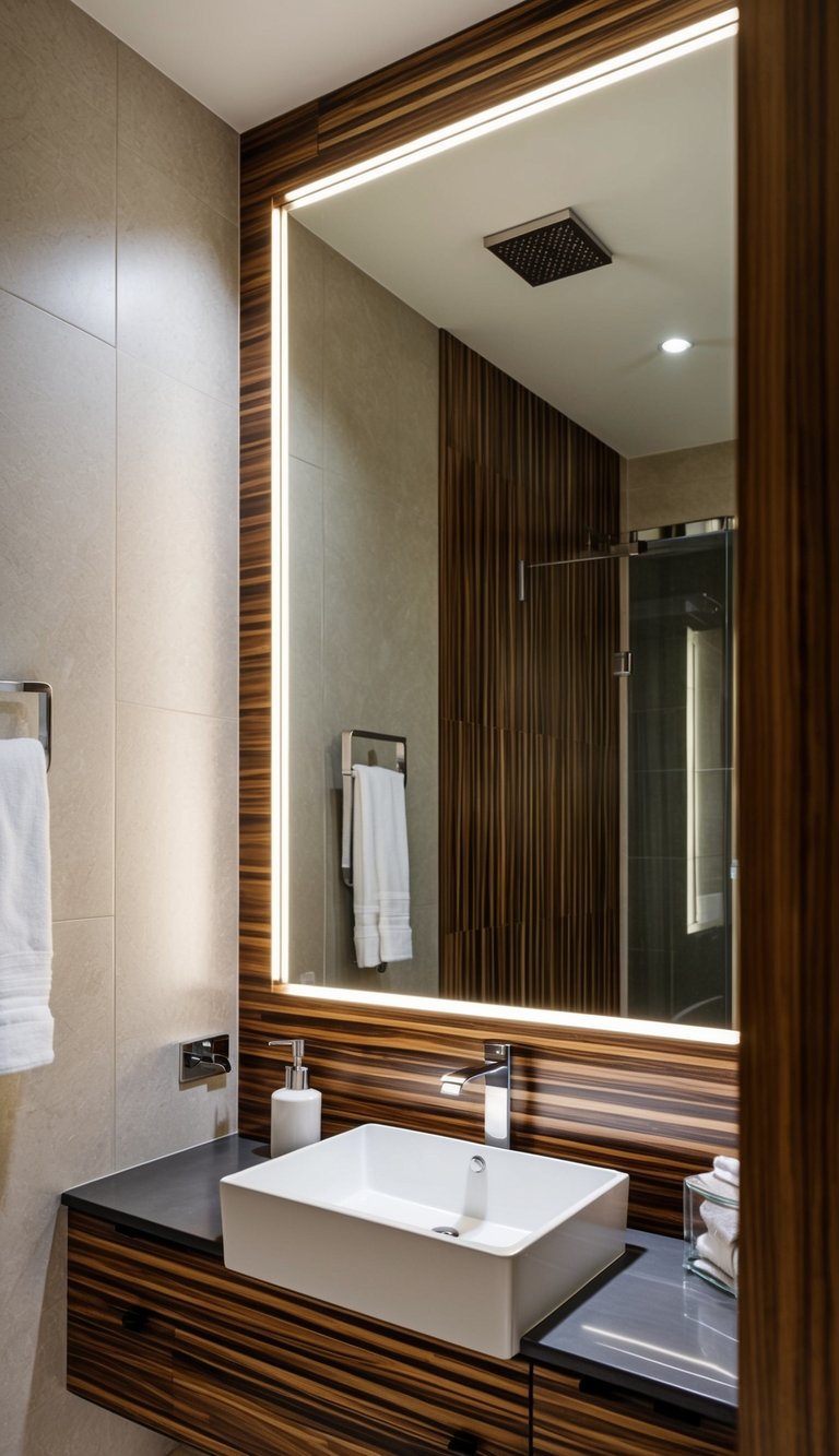 A bathroom with a modern, layered wood finish mirror reflecting the stunning decor