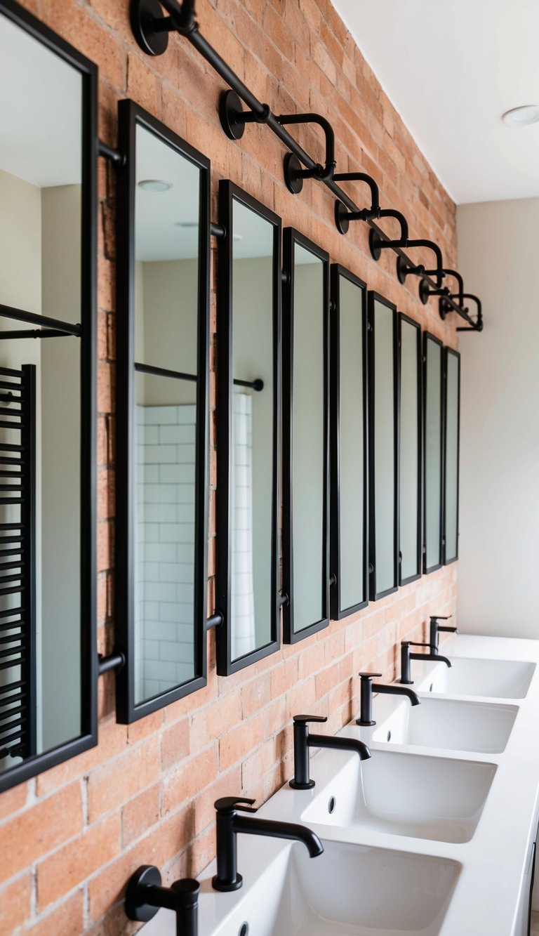 A row of industrial-style mirrors with iron frames hang on a brick wall in a modern bathroom. The mirrors reflect the sleek and minimalist decor, adding depth and style to the space