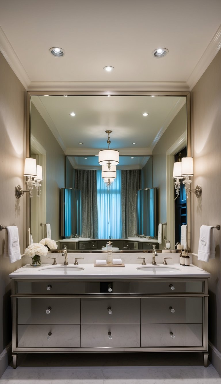 A spacious bathroom with a large mirror above a sleek vanity, reflecting the elegant decor and creating a sense of luxury and sophistication