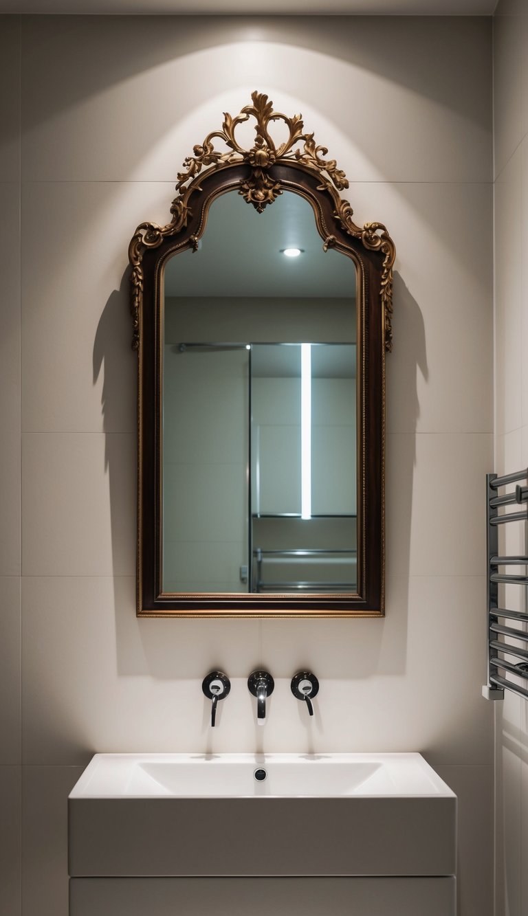 A large, ornate mirror hangs above a sleek, modern sink in a well-lit, minimalist bathroom