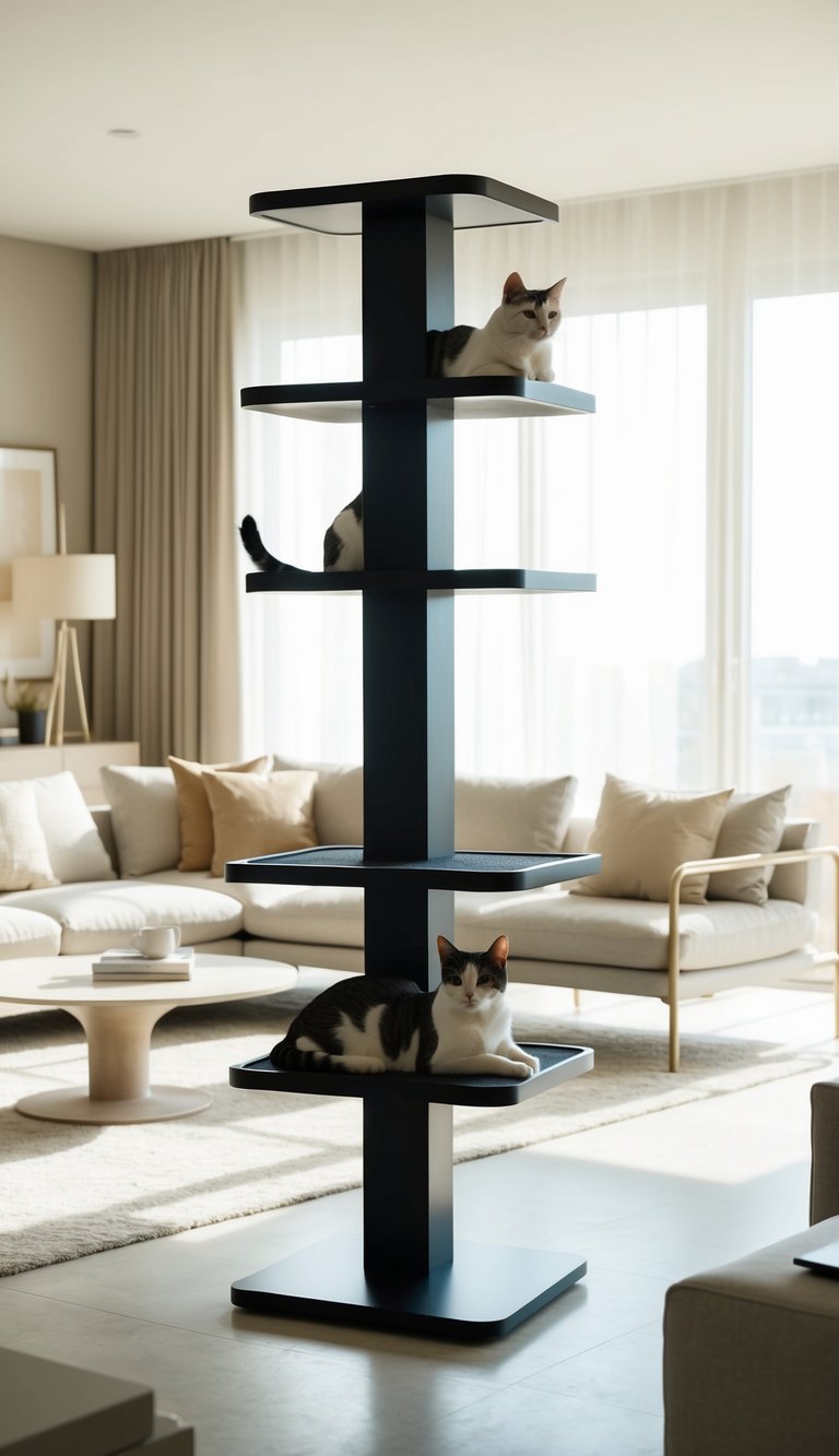 A sleek, modern cat tree stands in a sunlit living room, surrounded by minimalist furniture and elegant decor. Two cats lounge on the platforms, looking content and relaxed