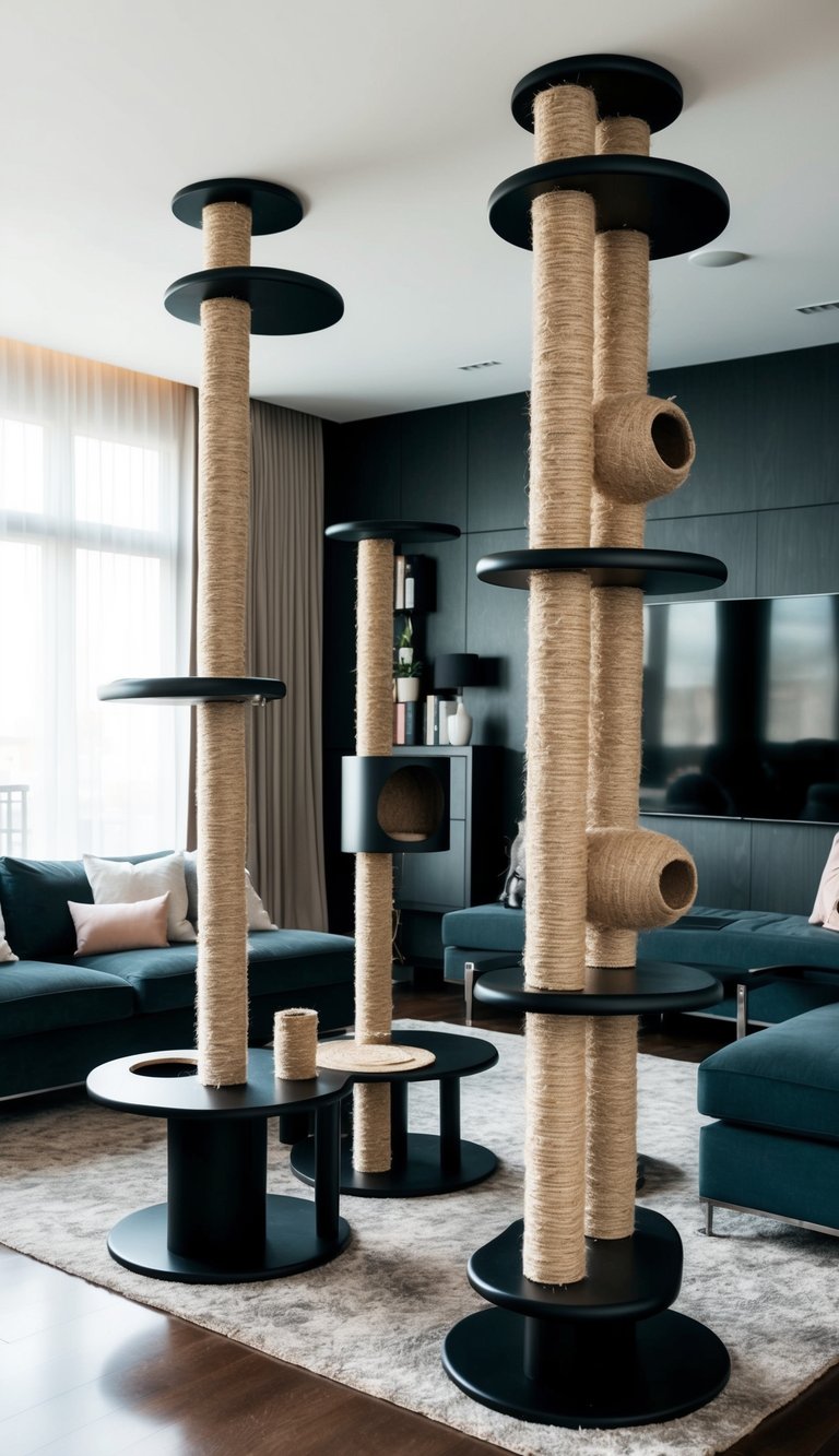 A luxurious living room filled with 10 sleek, modern cat trees, featuring sisal scratch posts and playful hideaways, creating a stylish and fun environment for feline friends