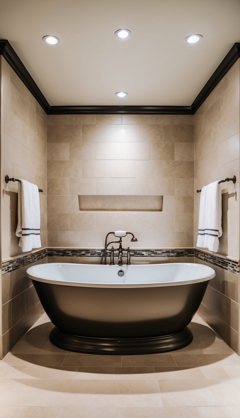 A spacious, well-lit bathroom with a sleek, modern bathtub as the focal point. The tub is surrounded by elegant tile and accented with stylish fixtures