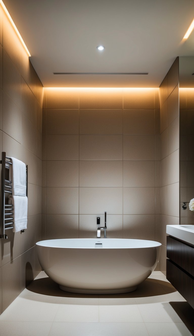 A spacious bathroom with a sleek, modern bathtub positioned against a backdrop of neutral-colored tiles and soft, ambient lighting