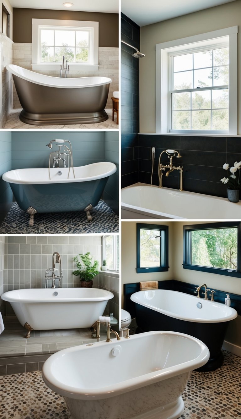 A bathroom with various bathtub styles and features displayed, including freestanding, alcove, and corner tubs, with different materials and finishes