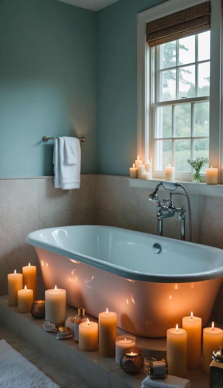A serene bathroom with a spacious bathtub surrounded by candles and luxurious bath products, creating a relaxing and inviting atmosphere for a comfortable soak