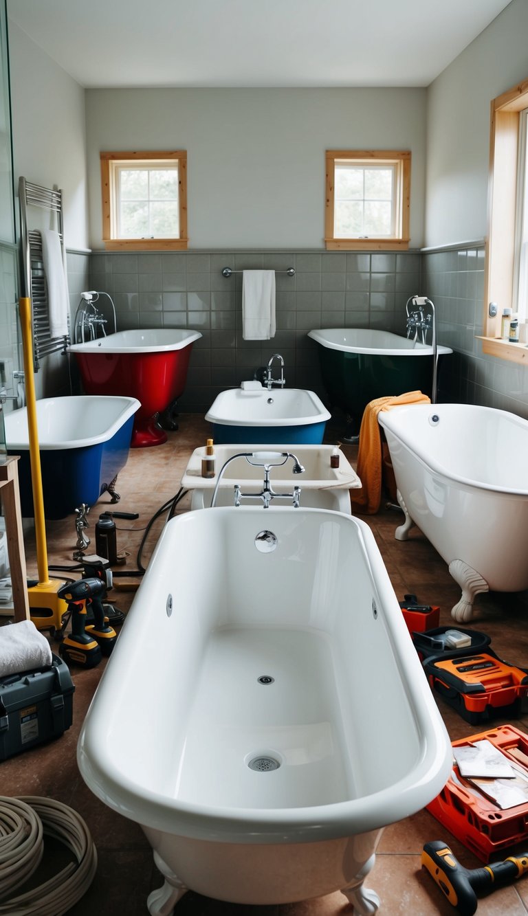 A bathroom with various bathtub styles displayed, surrounded by renovation tools and materials
