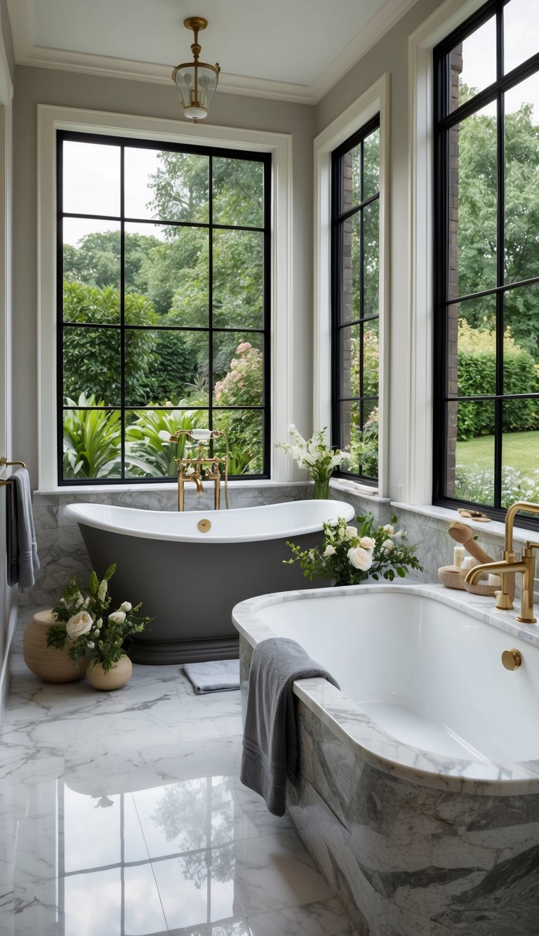 A spacious bathroom with a freestanding tub, marble countertops, and a large window overlooking a lush garden. Fresh flowers and natural elements like wood and stone accents add a touch of luxury