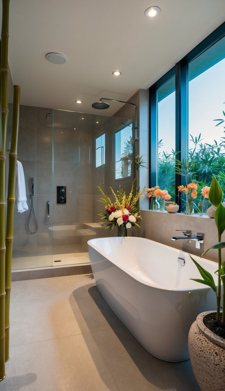 A spacious, modern bathroom with a sleek bathtub and shower, adorned with fresh flowers and natural elements such as bamboo and stone accents