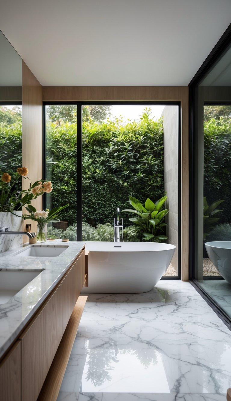 A sleek, modern bathroom with marble countertops, a freestanding bathtub, and a large window overlooking a lush garden. Fresh flowers and natural elements such as wood and stone add a touch of elegance and sustainability