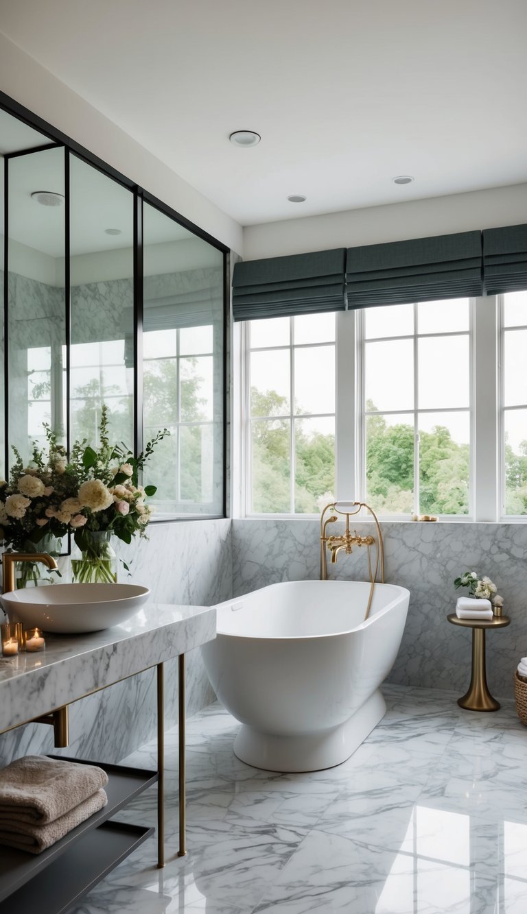 A spacious, modern bathroom with marble countertops and a freestanding bathtub adorned with fresh flowers and natural elements. A large window lets in natural light, creating a serene and luxurious atmosphere