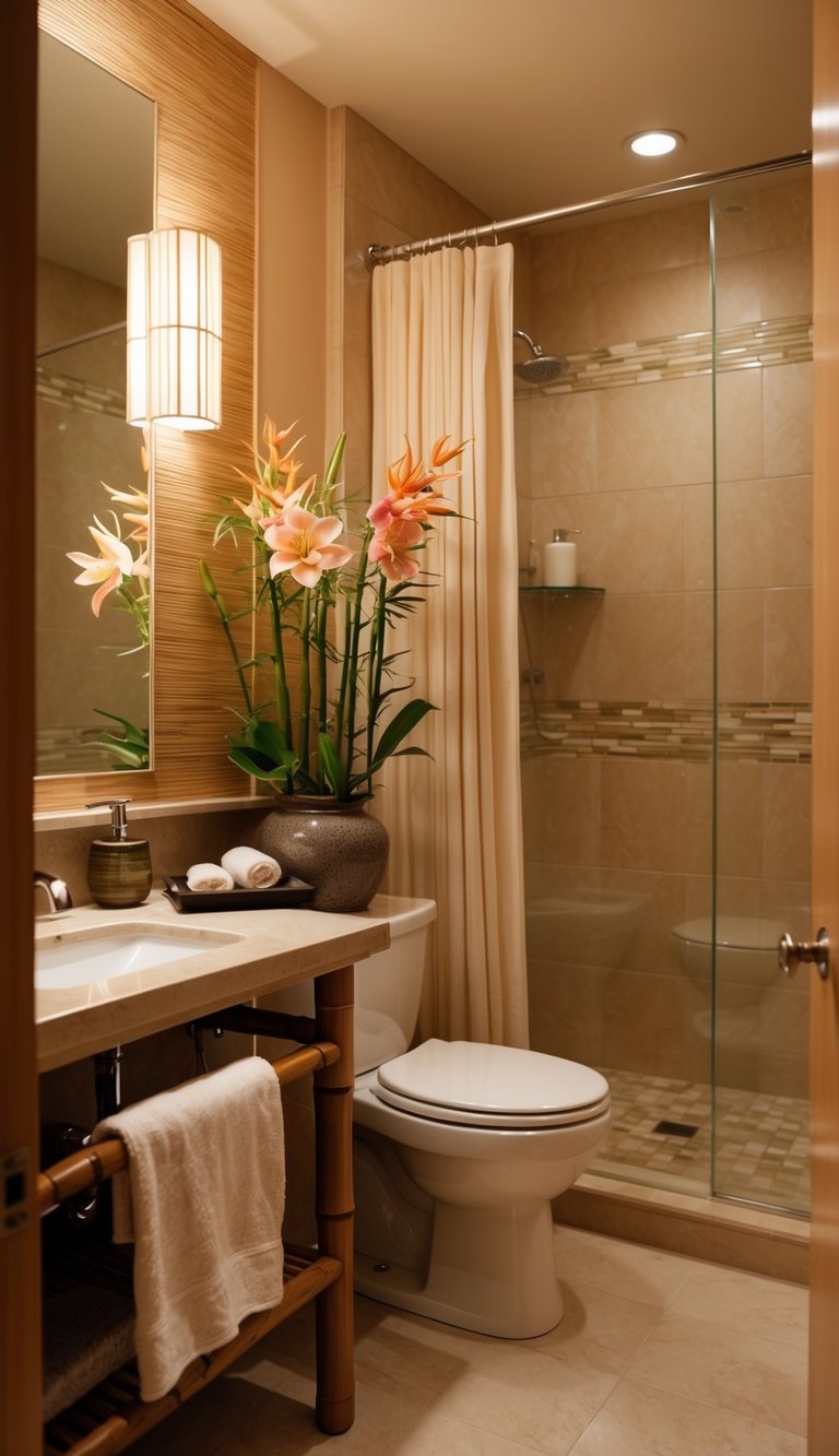 A bathroom with soft, warm lighting, a vase of fresh flowers, and natural elements like bamboo and stone to create a spa-like ambience