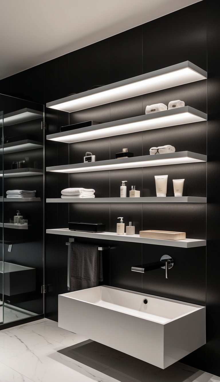A modern bathroom with sleek floating shelves showcasing 19 high-end accessories