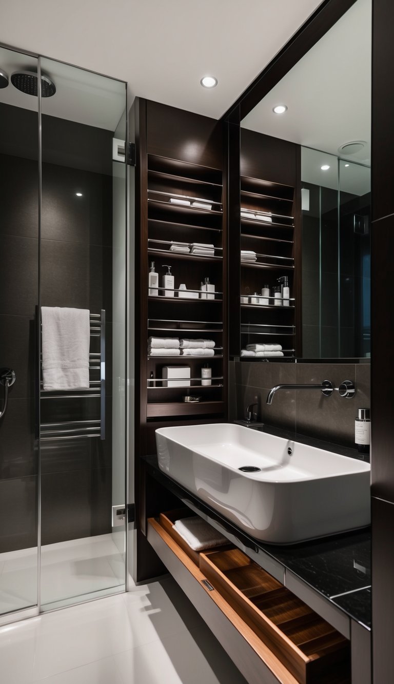 A sleek, modern bathroom with luxurious accessories, including hidden storage compartments integrated seamlessly into the design
