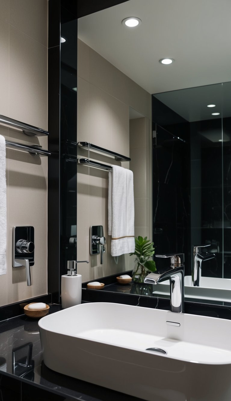 A sleek, modern bathroom with upgraded touchless faucets and high-end accessories