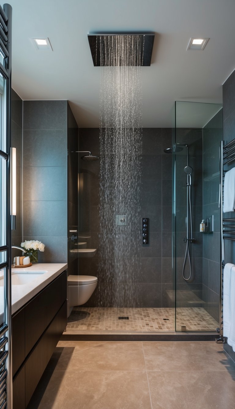 A luxurious bathroom with rainfall showerheads, sleek modern fixtures, and high-end accessories
